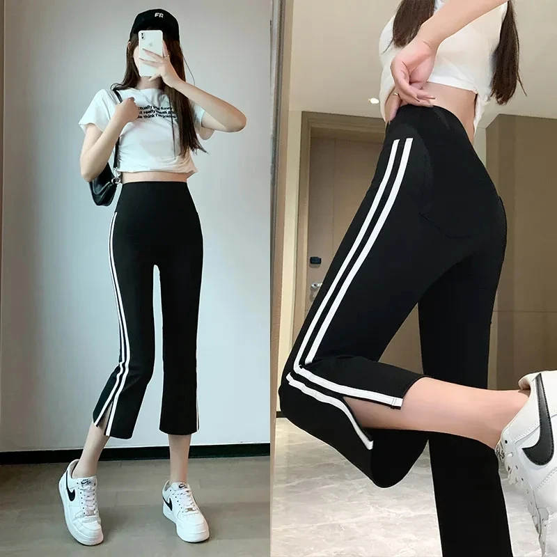 8分开叉高腰打底裤冰丝外穿高弹 收腹提臀 时尚百搭