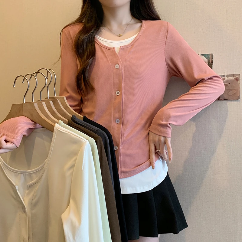 2024春装新款大码女胖mm百搭休闲设计感假两件长袖T恤上衣6019