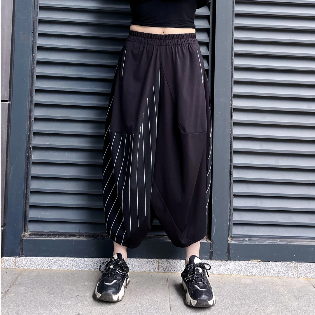夏时尚拼接条纹阔腿裤男女潮流嘻哈理发师哈伦裤雅七分灯笼裤5356