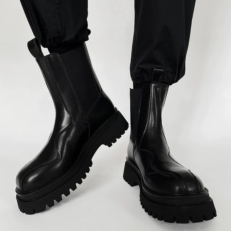 秋冬设计款厚底烟筒靴时尚拼接发型师切尔西靴英伦风黑色百搭潮流