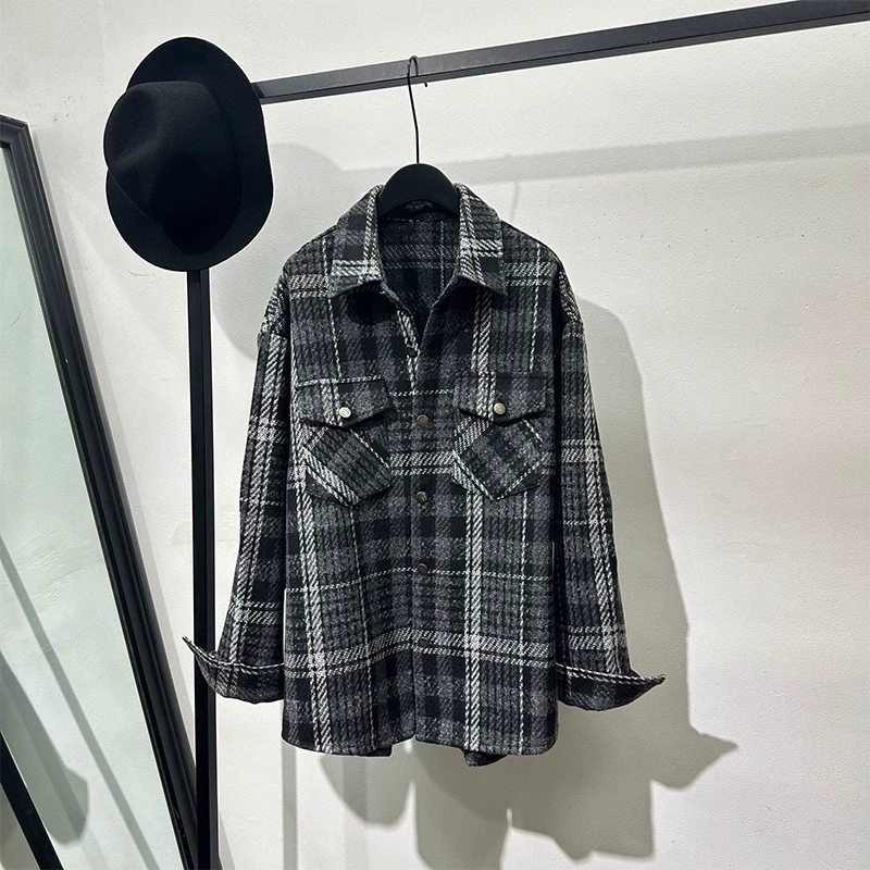 秋冬设计款格子加厚阔版衬衫男女潮流雅痞时尚宽松外套潮-6486