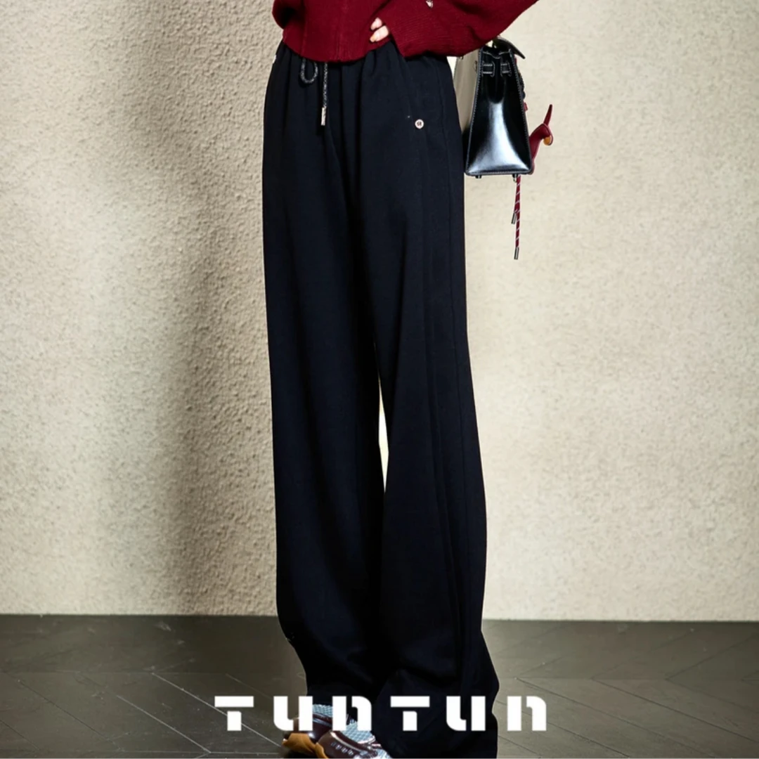 吞吞TUNT【懒懒裤 黑色】轻松出行 百搭橡筋腰休闲直筒裤针织秋季