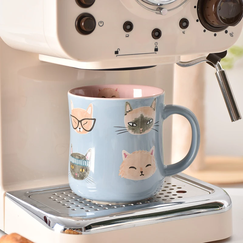 一杯猫的秘密联盟可爱猫猫马克杯创意家用大容量粉蓝撞色陶瓷杯子