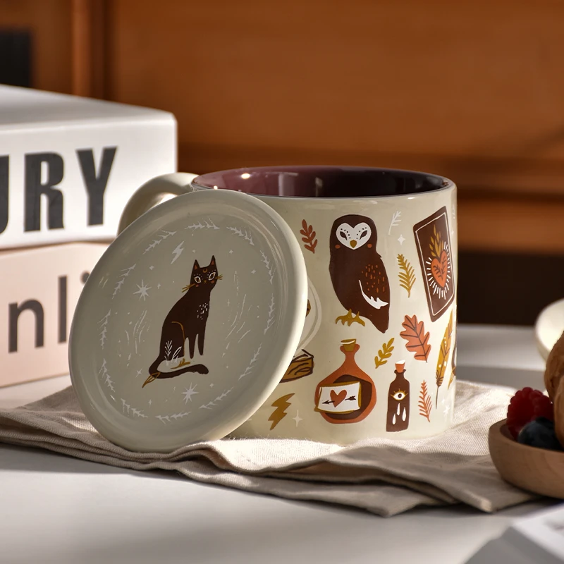 可爱家用猫咪马克杯办公室创意咖啡杯大容量带盖陶瓷杯子喝水杯