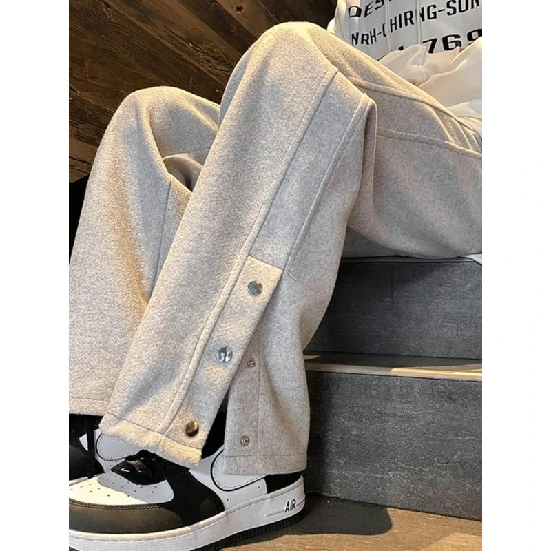 重磅毛呢裤男ins潮牌美式复古宽松直筒排扣卫裤男生运动休闲长