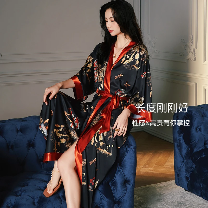 【高贵轻奢】红色冰丝优雅睡袍中国风结婚晨袍新娘浴袍性感浴衣春秋