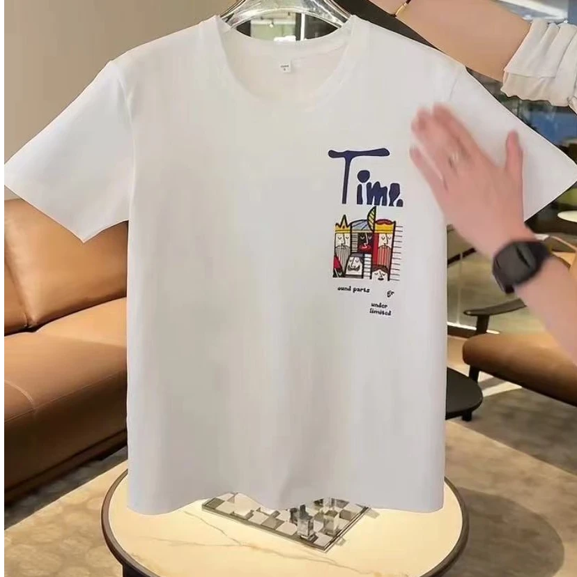 高档百分百纯棉短袖t恤男装轻奢休闲T恤百搭半袖潮流印花圆领韩版