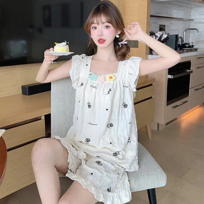 甜美小飞袖睡衣女套装纯欲夏清新背心短裤家居服云朵棉睡衣