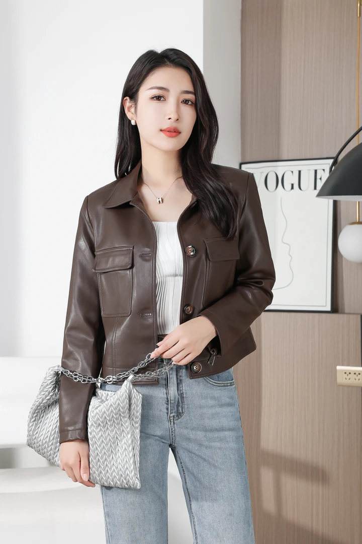 【女士皮衣】2024秋冬季新款韩版修身显瘦气质短款皮衣女翻领外套
