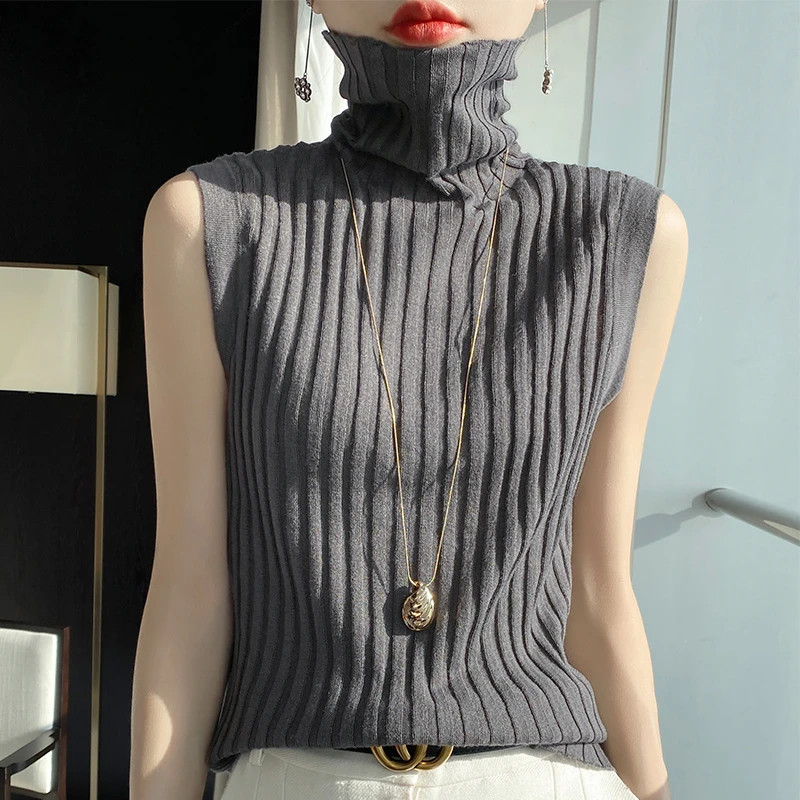 高领针织背心女秋冬新款修身堆堆领坎肩内搭上衣无袖无袖打底内搭