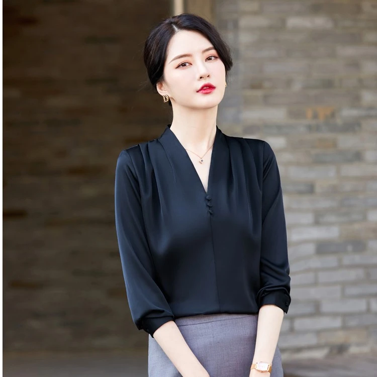 高端醋酸缎面衬衫女短袖夏季气质女神范衬衣套装时尚V领雪纺上衣