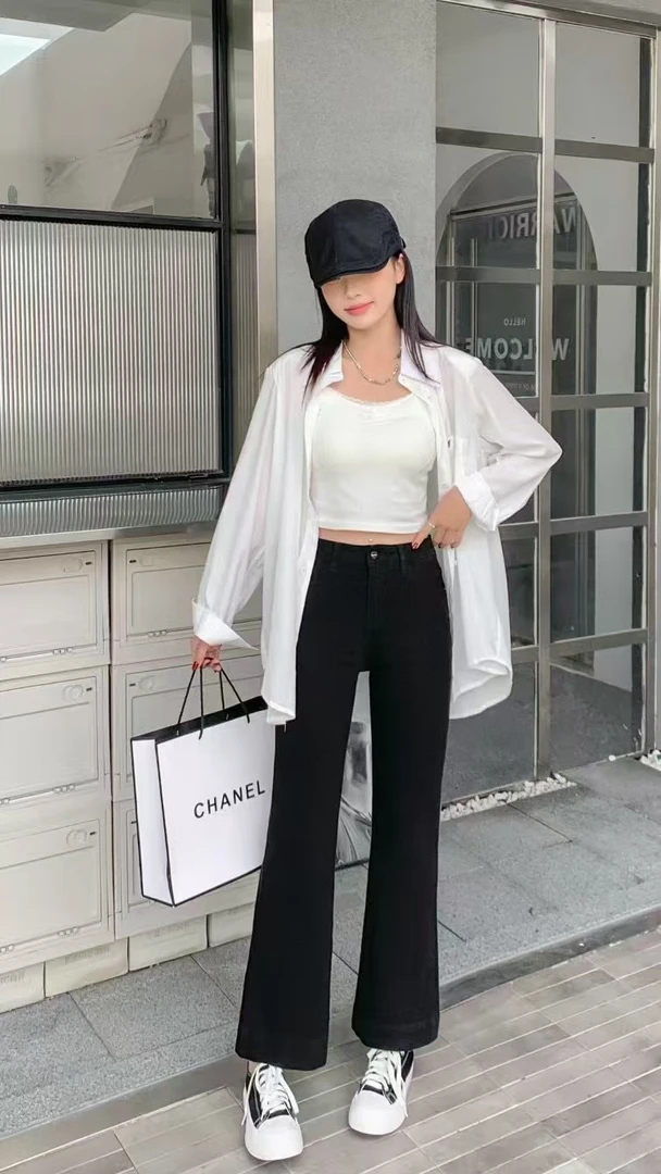 2024新款小个子女生必选黑色筒喇裤加绒加厚修身显瘦百搭爆款