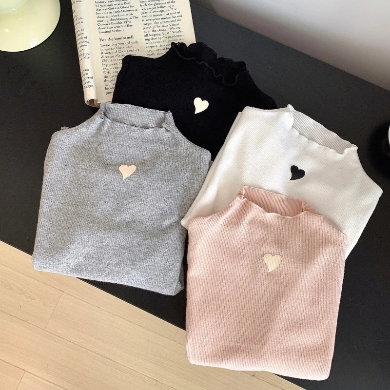 女童长袖T恤新款洋气半高领春秋装女孩纯色薄款内搭打底上衣春秋