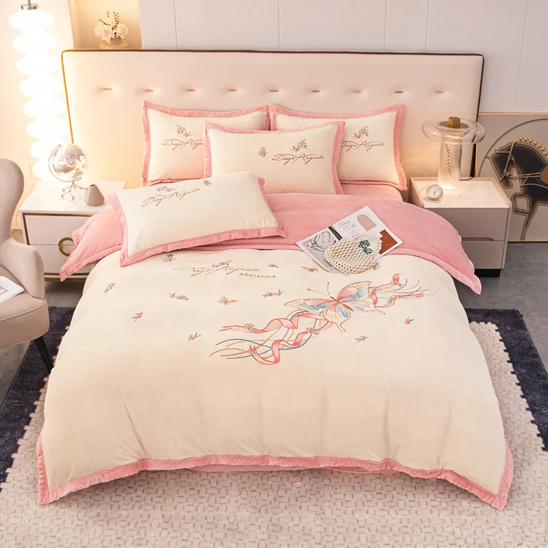 A类 母婴级防静电加绒加厚牛奶绒秋冬刺绣保暖宽边四件套床上用品