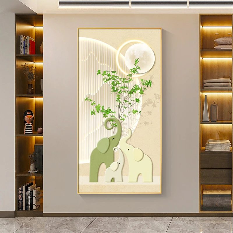 现代简约大象入户玄关自粘画奶油风绿植走廊过道背景墙壁竖版贴画