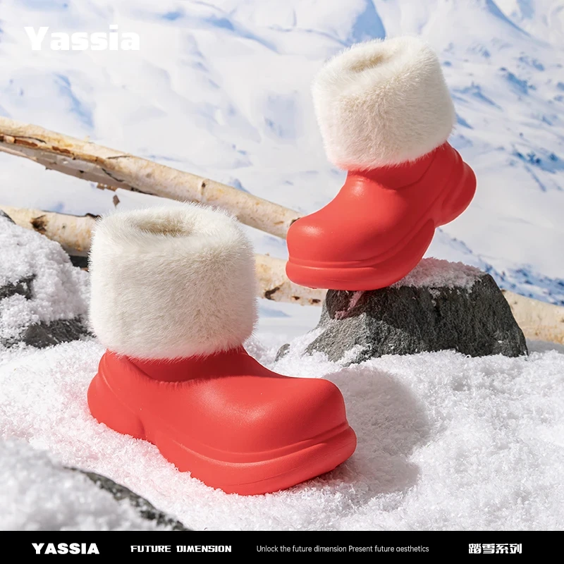 亚束三穿雪地靴雨靴防水鞋时尚软底厚底中筒网红卡通加绒保暖短靴