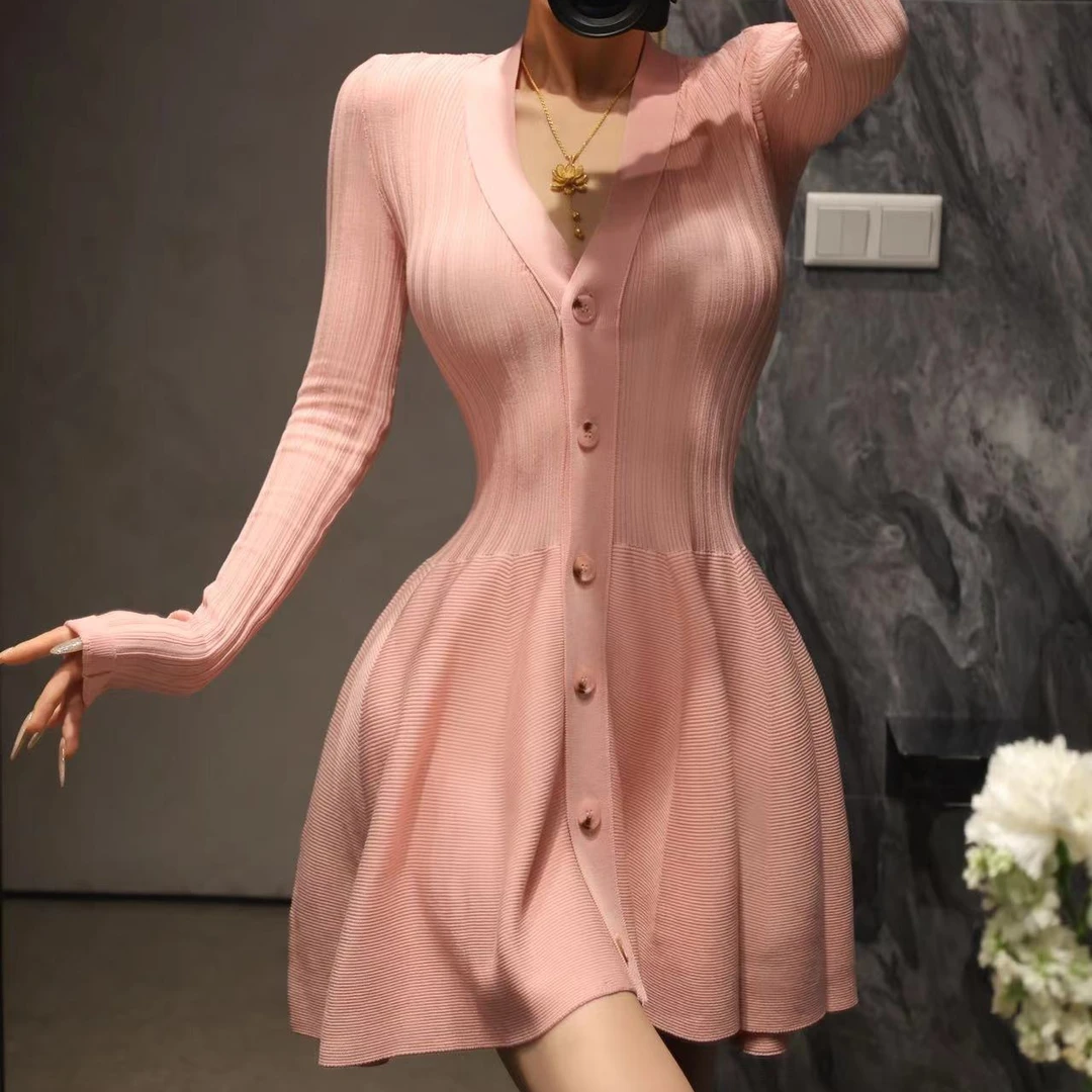 2024夏季新款 多巴胺气质长袖粉白纯欲高级版本时尚显瘦花苞裙