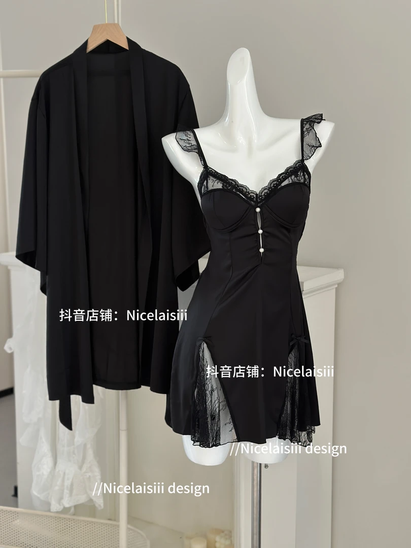 Nicelaisiii晚香玉 纯欲风带胸垫睡裙法式缎面蕾丝吊带性感睡衣夏