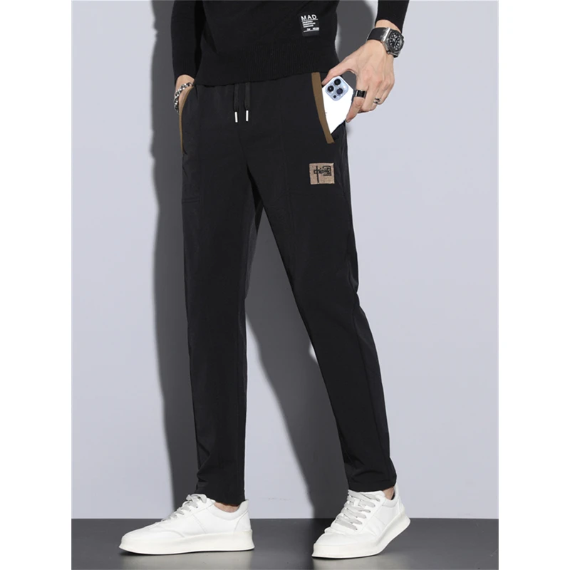 休闲裤男秋季新款修身直筒宽松刺绣中国松紧腰加绒加厚长裤子大码