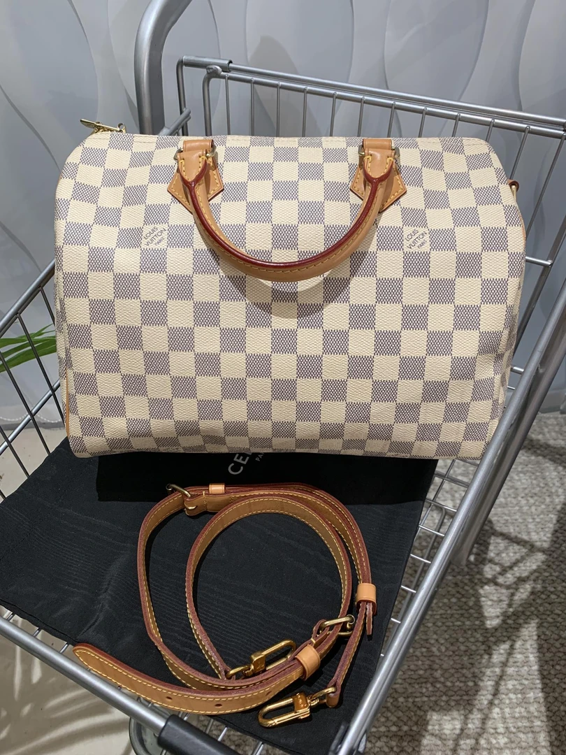 95新 LouisVuitton/路易威登 speedy30白棋盘格肩带款15年8988068