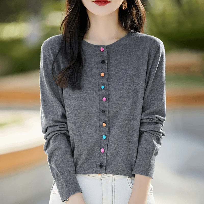秋冬季新款女士毛针织衫彩色纽扣开衫长袖纯色宽松百搭显瘦上衣