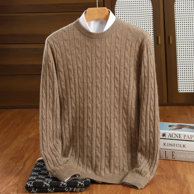 全身重工~100纯羊毛男士双麻花圆领套冬季重磅加厚羊毛绒衫