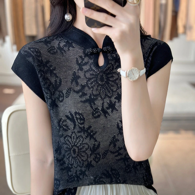 坎袖背心夏季外穿女古风桑蚕丝羊毛针织旗袍领上衣微透镂空无袖T