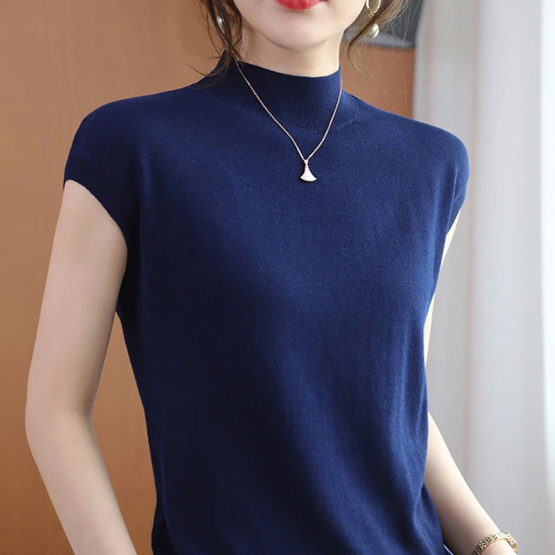 半高领短袖t恤女夏季薄款羊毛衫包肩针织短袖打底衫宽松气质上衣