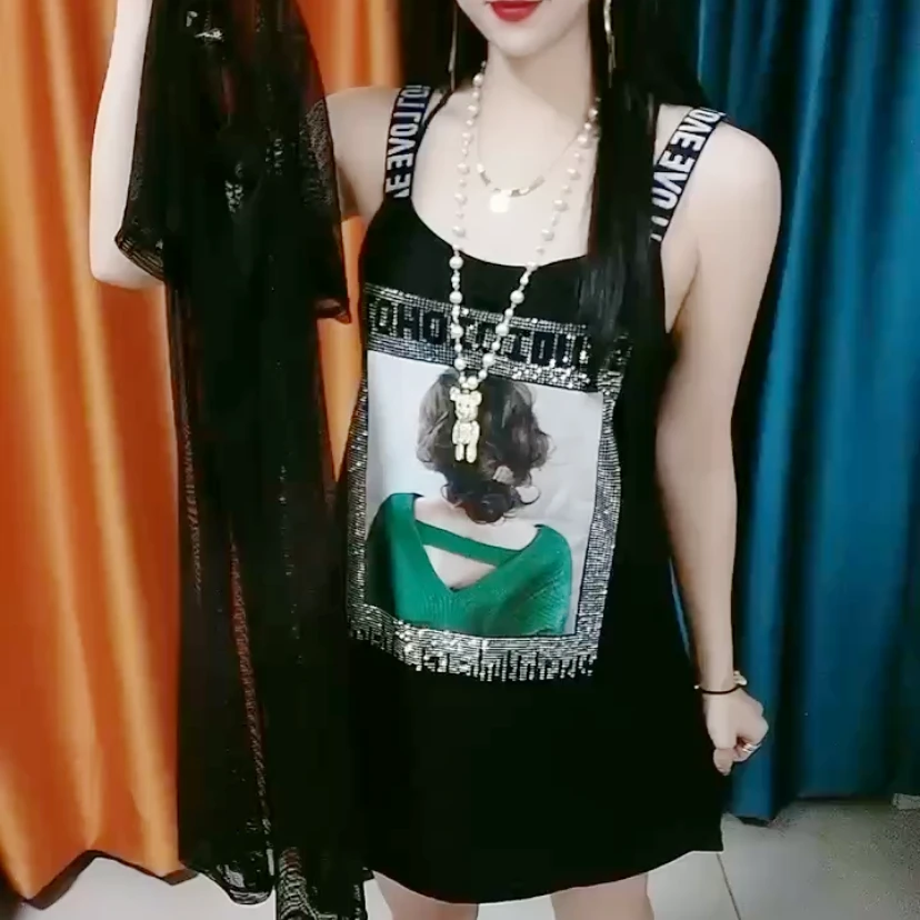918款夏季透气网美女图案两件套