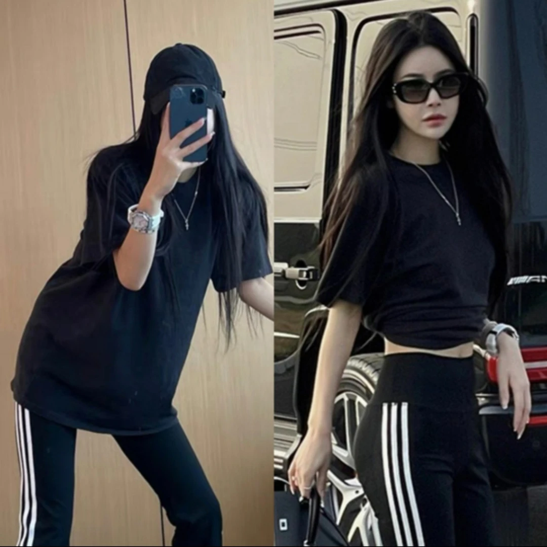 纯黑色净版T恤女宽松显瘦上衣短袖T恤时尚百搭韩版韩版网红健身