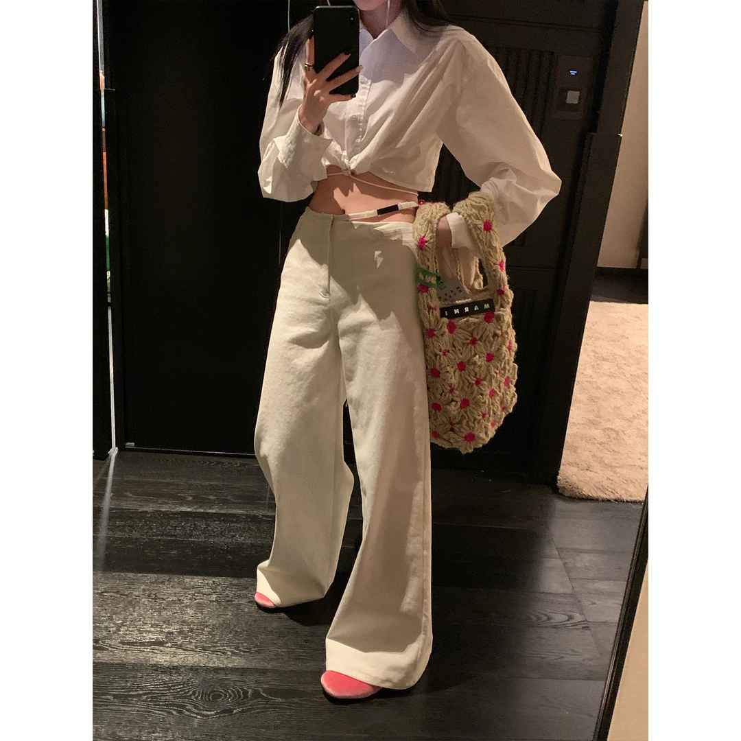 区区欧阳 镂空白色牛仔裤女春季宽松直筒长裤高腰阔腿裤拖地裤子