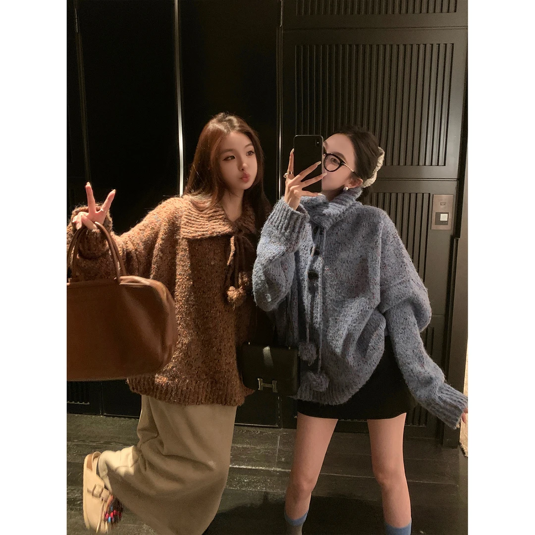 区区欧阳 中古花纱 复古少女 毛球大翻领毛衣冬季宽松慵懒风复古