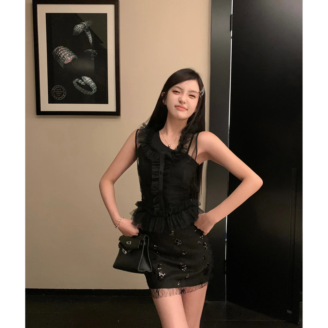 区区欧阳 珠绣网纱半身裙女夏季新款高腰显瘦直筒裙子