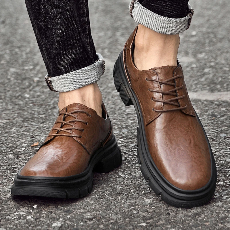 加绒保暖工装鞋男款冬季新款商务休闲鞋厚底系带百搭大码中年棉鞋