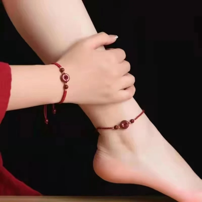 含辰砂工艺品高含量朱砂紫金砂平安扣可调节手编红绳手链脚链