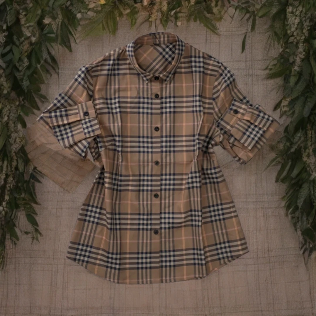 复古经典洋气翻领夏季格纹韩版长袖时尚衬衣