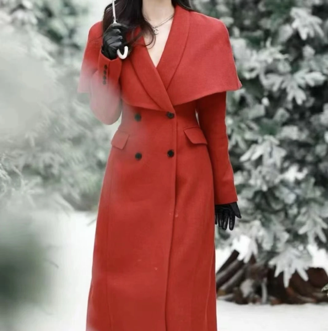 外套气质网红时尚红色女装显瘦羊绒百搭毛呢中长款修身双面呢秋冬
