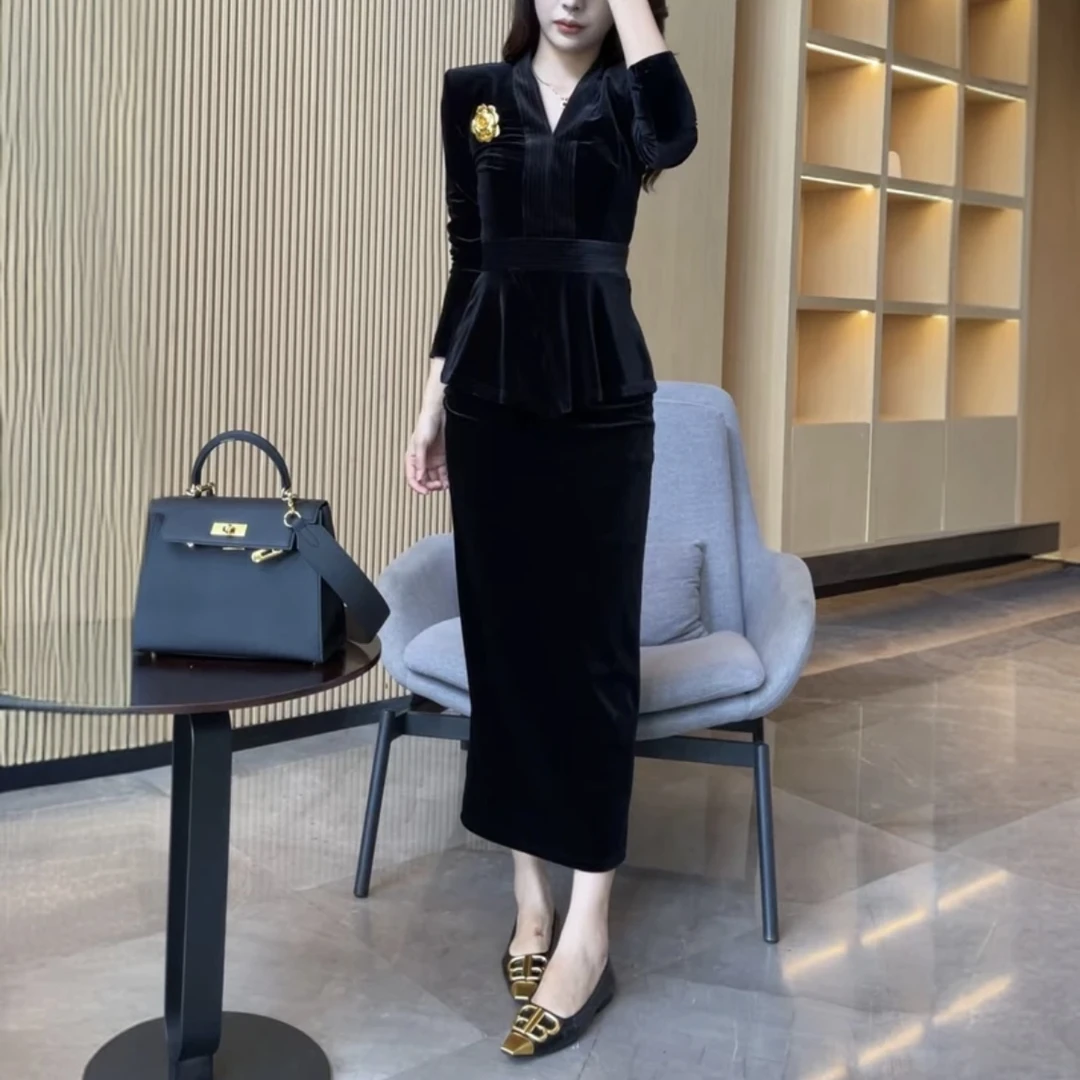 女装套装显瘦气质时尚修身长袖轻奢女神性感秋季黑色包臀裙U002