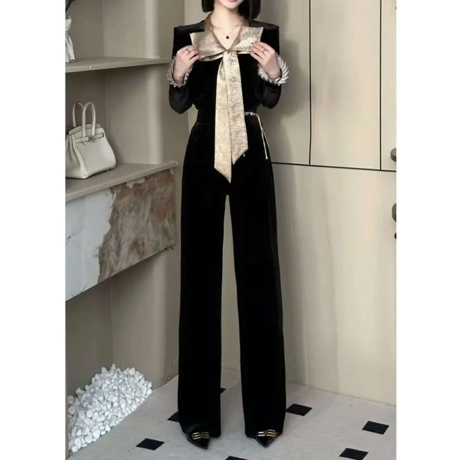 秋冬季新款时尚套装女显瘦丝绒丝带长袖高腰直筒长裤轻奢两件套潮