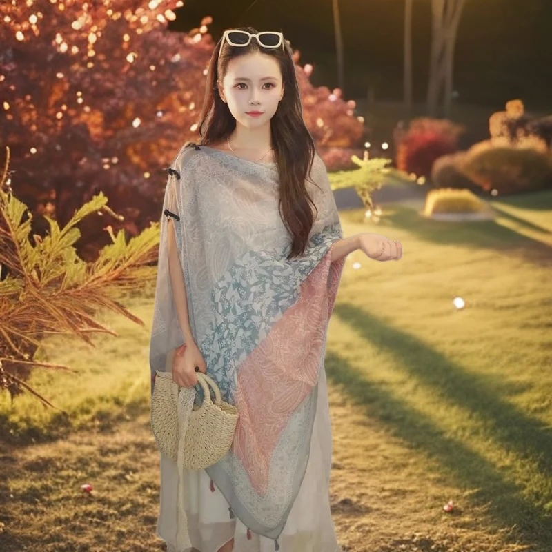 【披肩丝巾】夏日防晒旅游披肩女时尚百搭红色薄款民族风拍照必备围