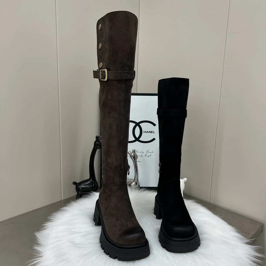 2024冬季加绒过膝靴欧美长筒靴女两穿厚底增高高筒靴二棉女瘦瘦靴