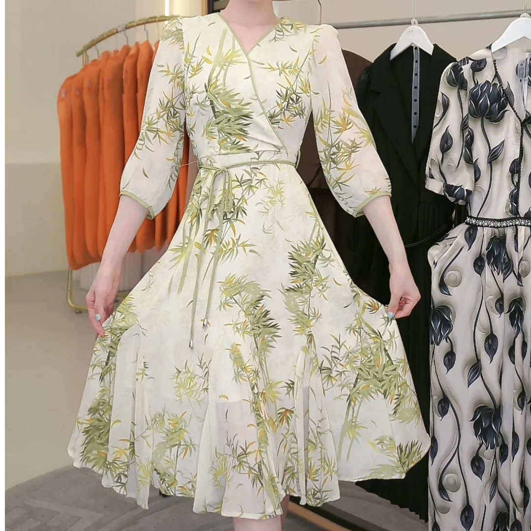 【菲菲专属】印花洋气复古春夏法式中长款修身系带连衣裙FF8152
