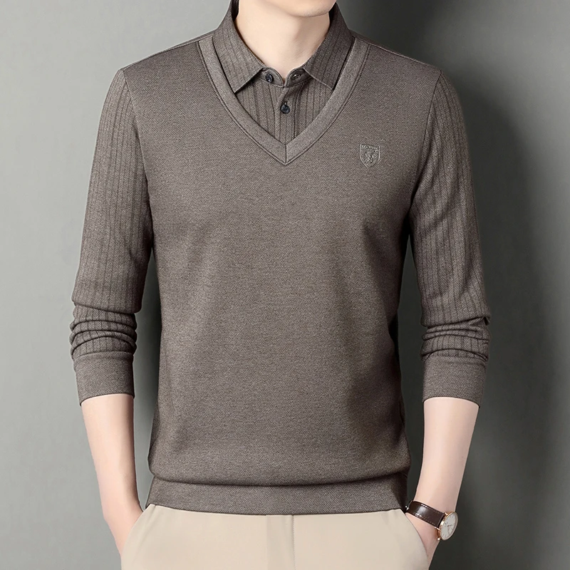 男士加绒假两件毛衣冬季新款翻领加厚保暖针织打底衫休闲男装