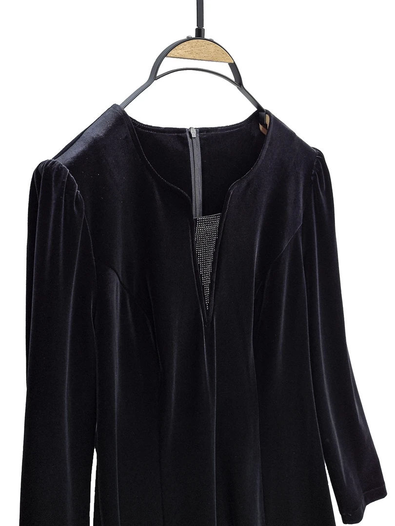 玥芙泽早秋新款镶钻工艺金丝绒女装连衣裙高贵优雅显气质显瘦减龄