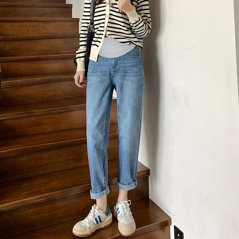 孕妇牛仔裤春秋款外穿老爹裤托腹加绒显瘦哈伦长裤秋冬小个子