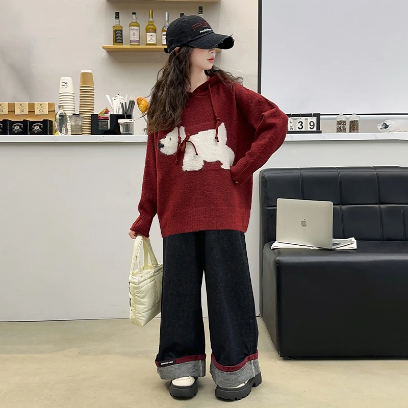 女童秋装套装洋气女孩时髦小狗连帽针织毛衣牛仔阔腿裤学生休闲装