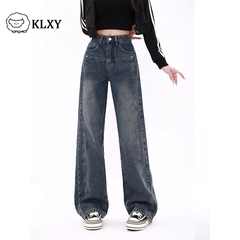 【KLXY】水泥灰窄版阔腿牛仔裤女2023年爆款秋冬高腰直筒垂感裤子