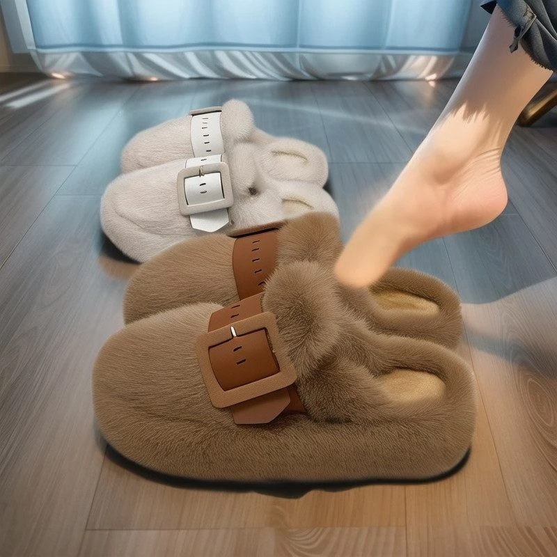 2024年秋冬新款网红包头高级感毛毛鞋百搭爆款外穿厚底棉拖鞋-5CM