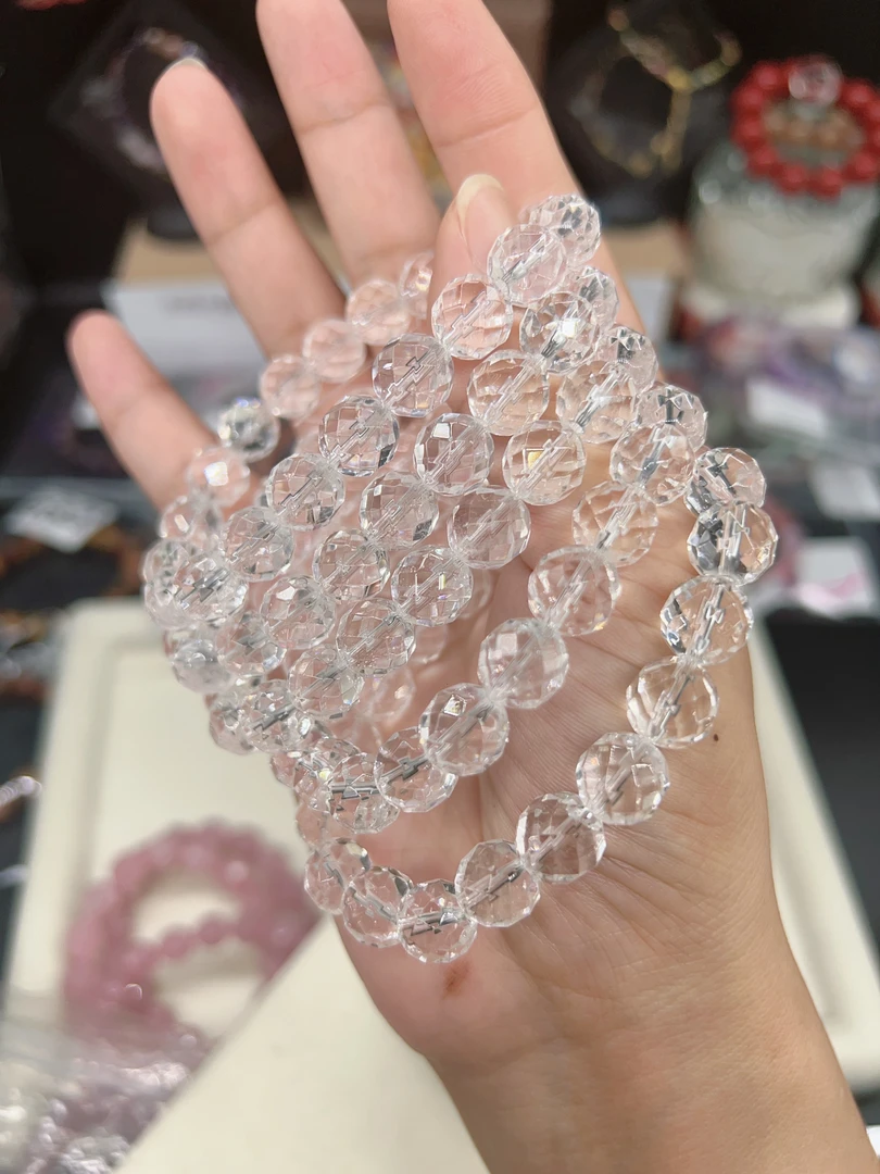 天然净透体高品白水晶切面手串手链9mm+手链水晶