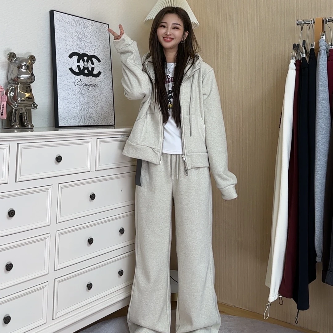 贝姐同款【GZ】2428秋冬设计感连帽加绒卫衣加绒阔腿裤套装